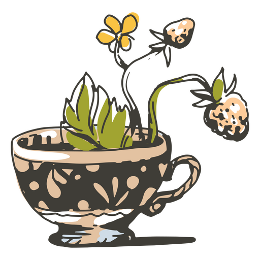 Cottagecore teapot with strawberry plant PNG Design