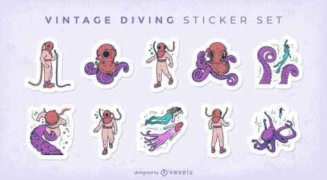 Ocean diving vintage gear sticker set