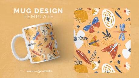 Nature bugs and flowers mug template design