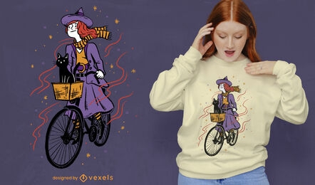 Witch girl riding bike with cat t-shirt psd design