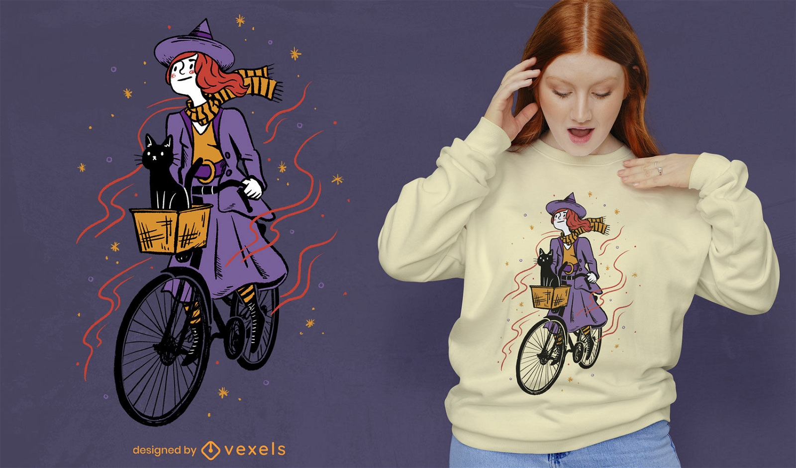 Bruxa andando de bicicleta com design psd de camiseta de gato