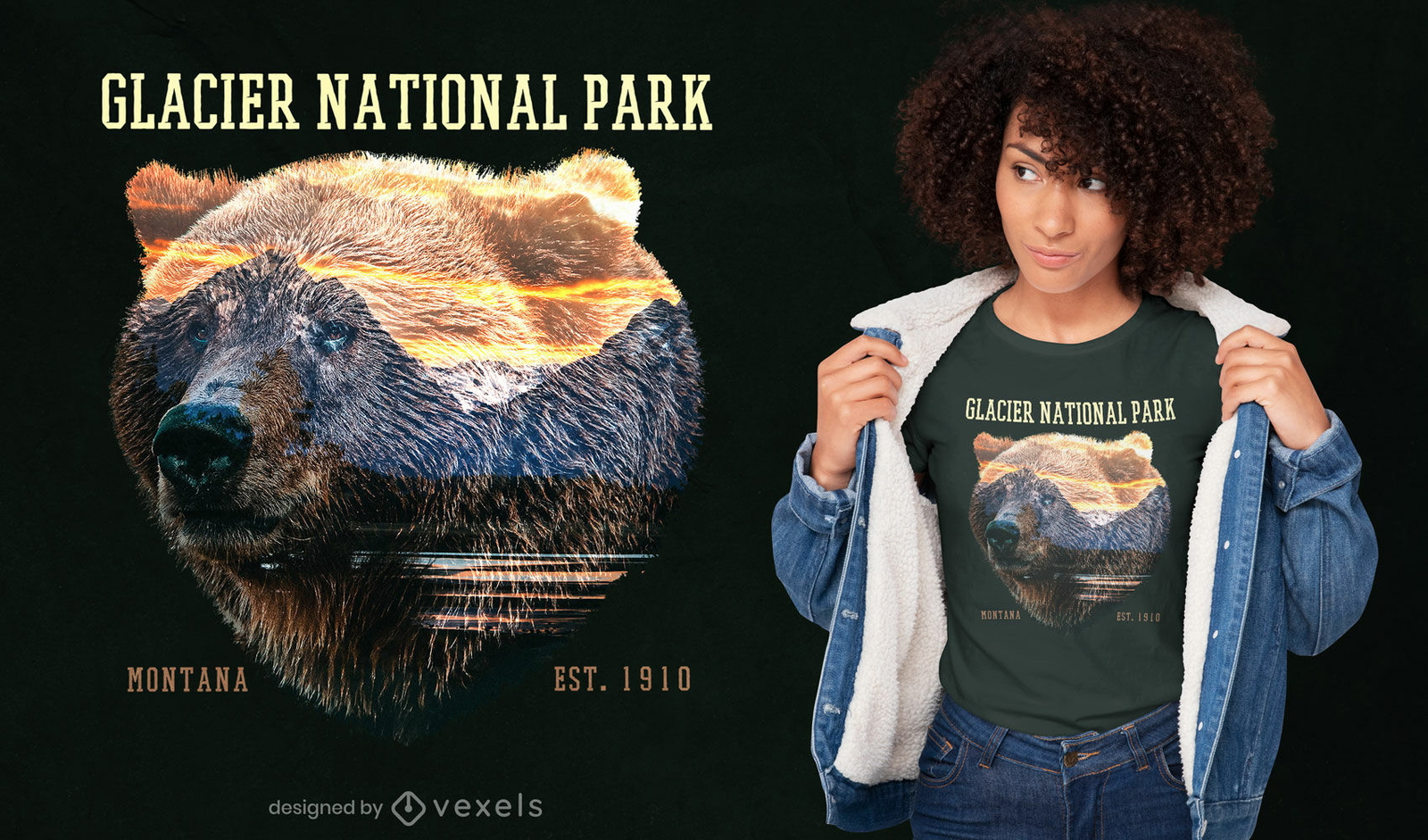 Camiseta oso sobre paisaje de montaña psd