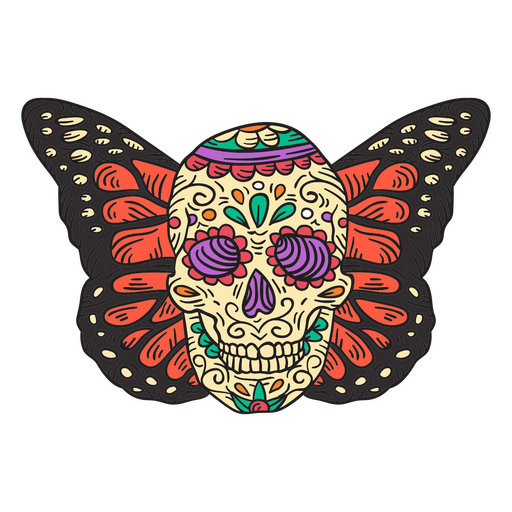 Calavera mexicana con mariposa monarca Diseño PNG