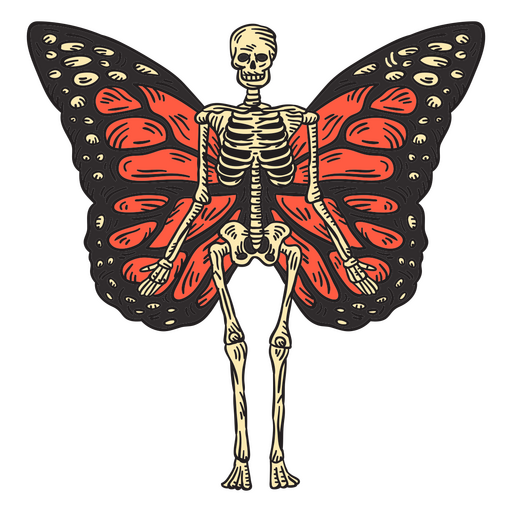 Detailliertes Skelett mit Monarchfalterflügeln PNG-Design