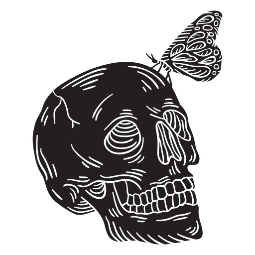 Detailed skull with butterfly on top PNG Design