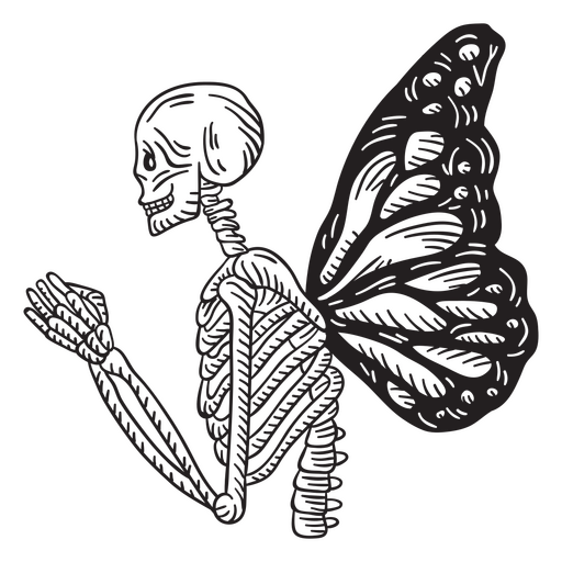 Esqueleto detallado con alas de mariposa. Diseño PNG