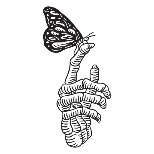 M?o de esqueleto detalhada com uma borboleta Desenho PNG