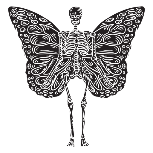 Esqueleto decorativo con alas de mariposa. Diseño PNG
