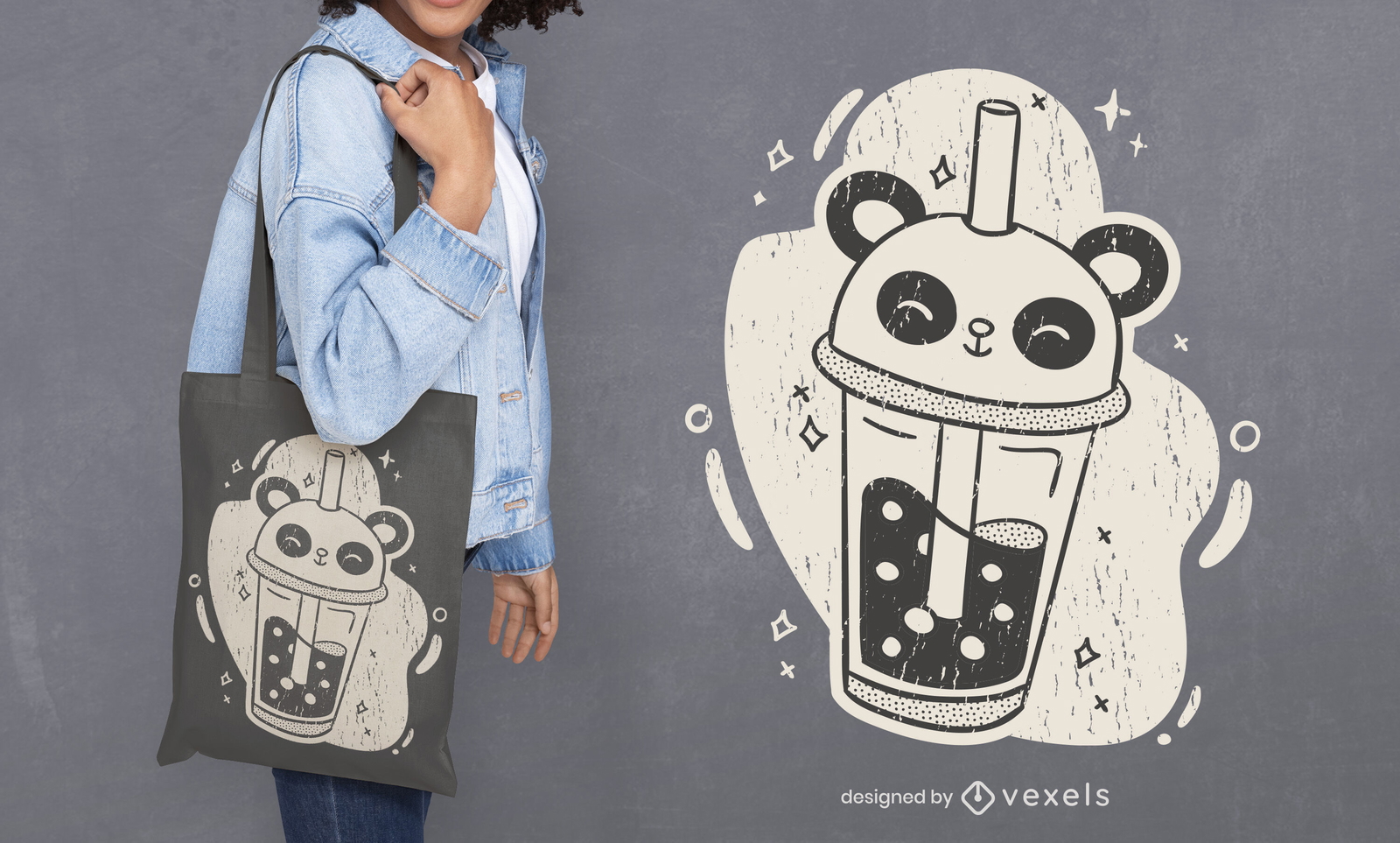 Diseño de bolsa de asas panda milshake bebida