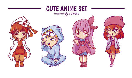 Conjunto de personagens de anime fofo