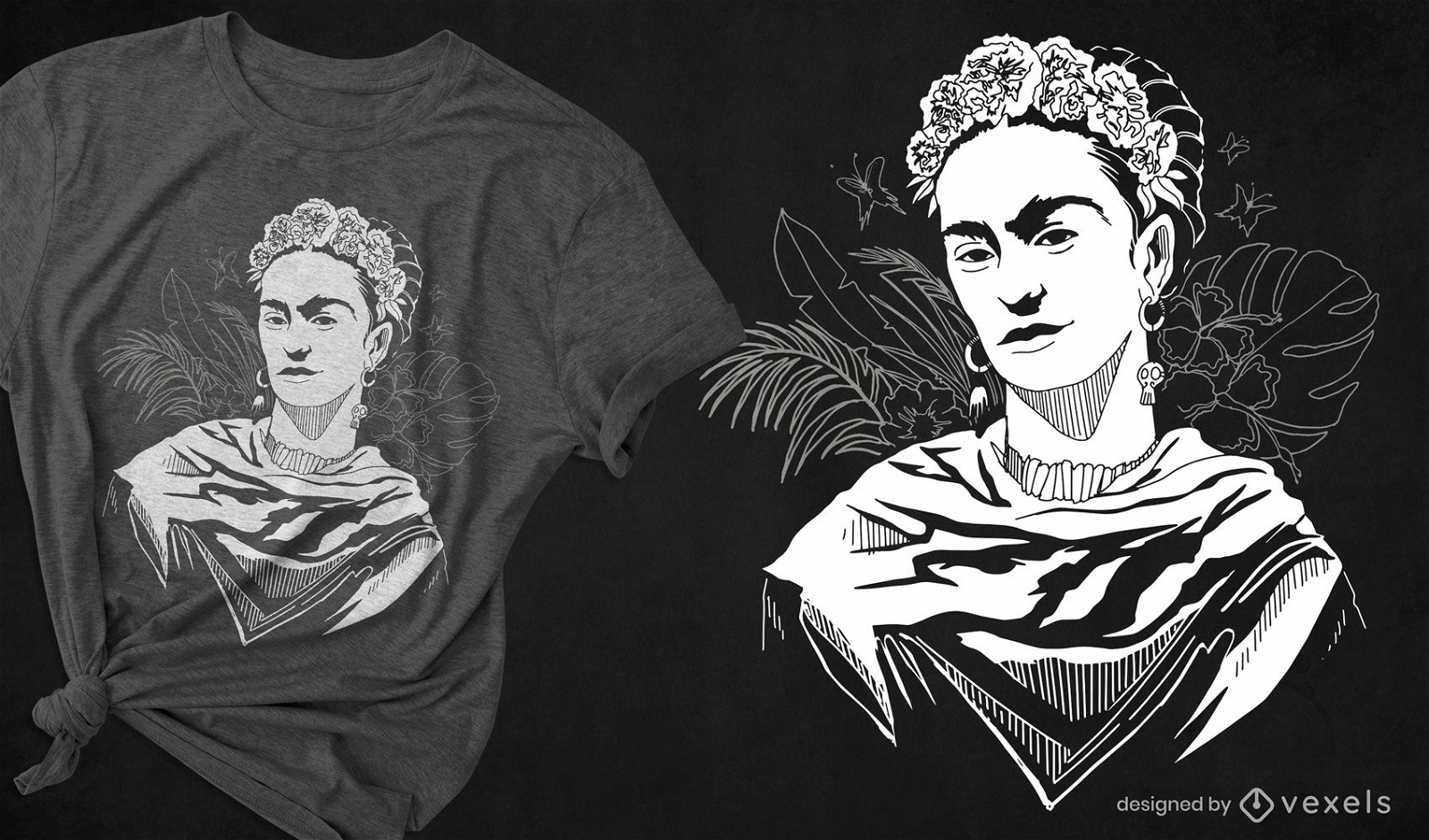 Dise?o de camiseta de Frida Kahlo en blanco y negro.
