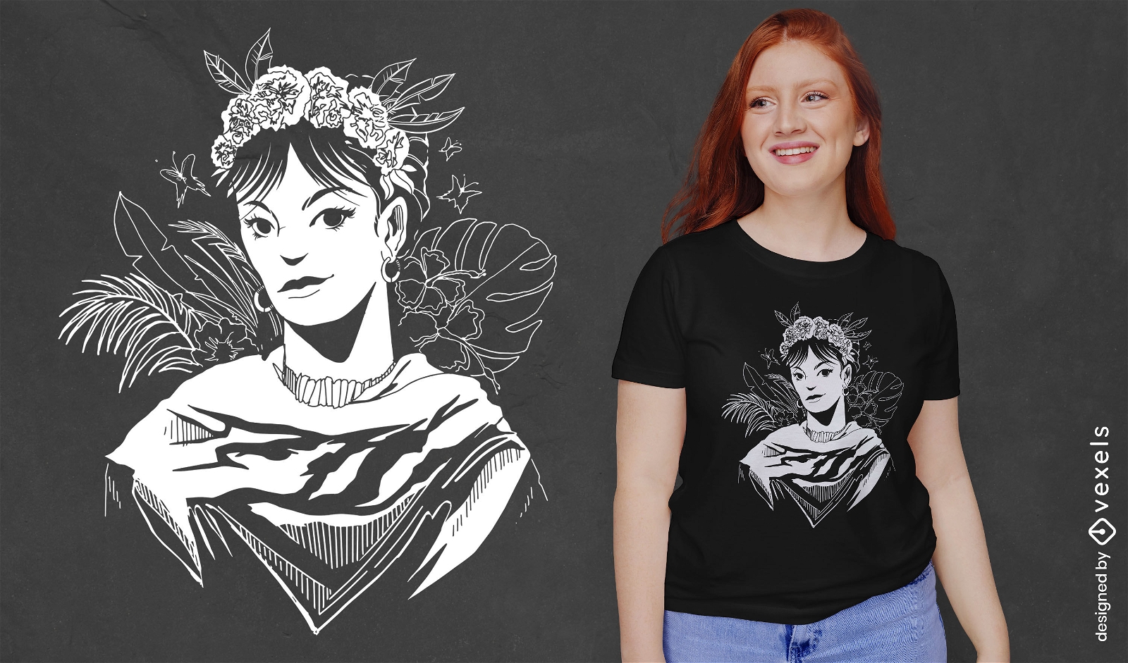 Design de t-shirt de retrato floral de mulher preto e branco