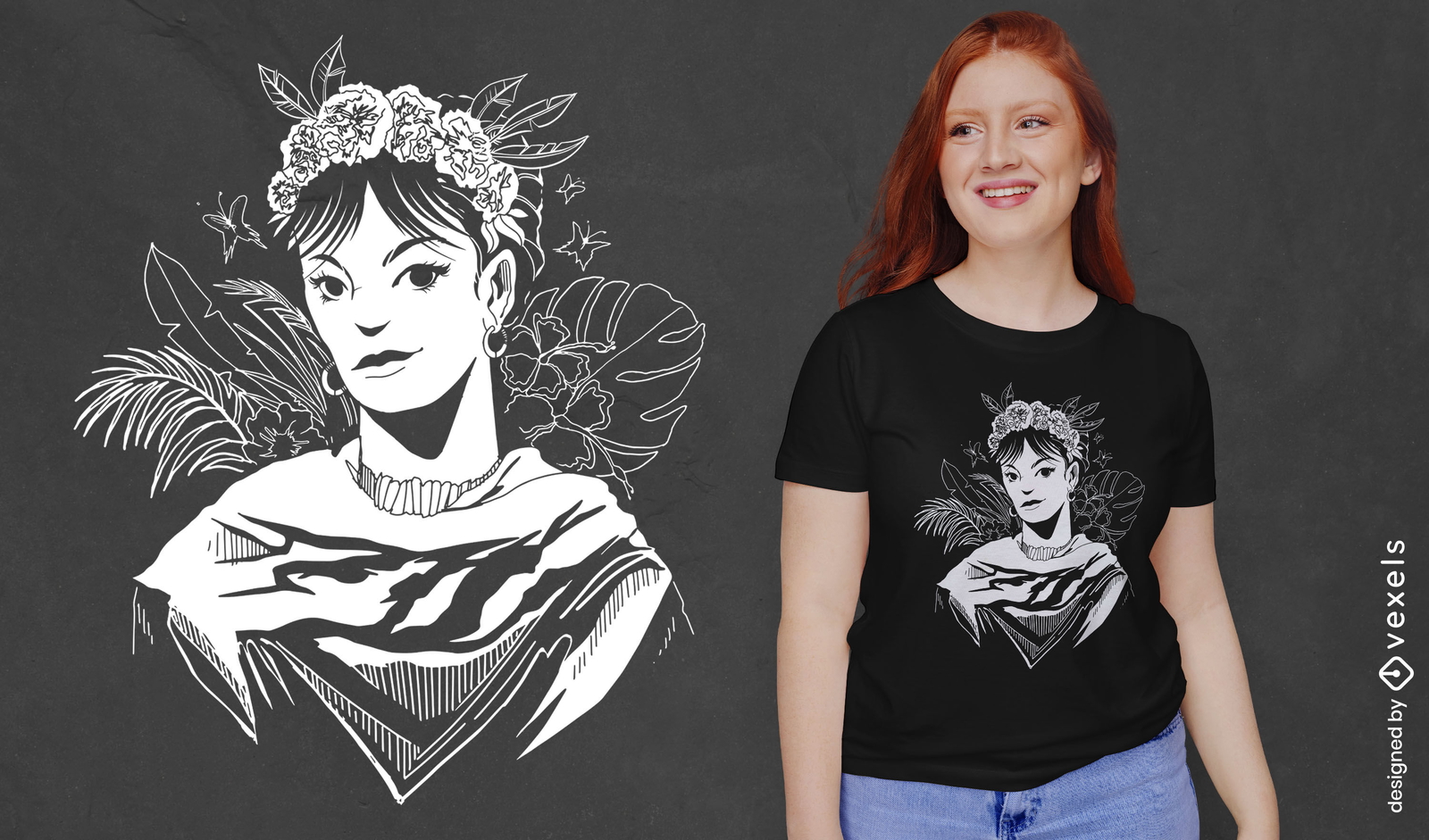 Diseño de camiseta de retrato floral de mujer en blanco y negro