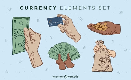 Moneda y dinero color elementos dibujados a mano.
