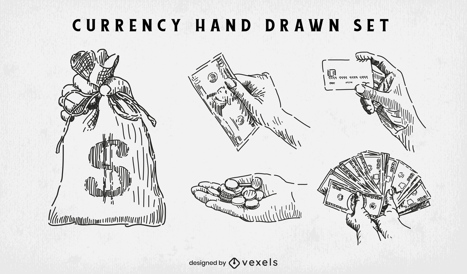 Conjunto de moedas e dinheiro desenhado à mão