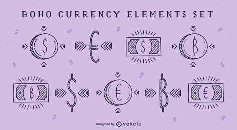 Elementos de moneda y dinero boho doodle