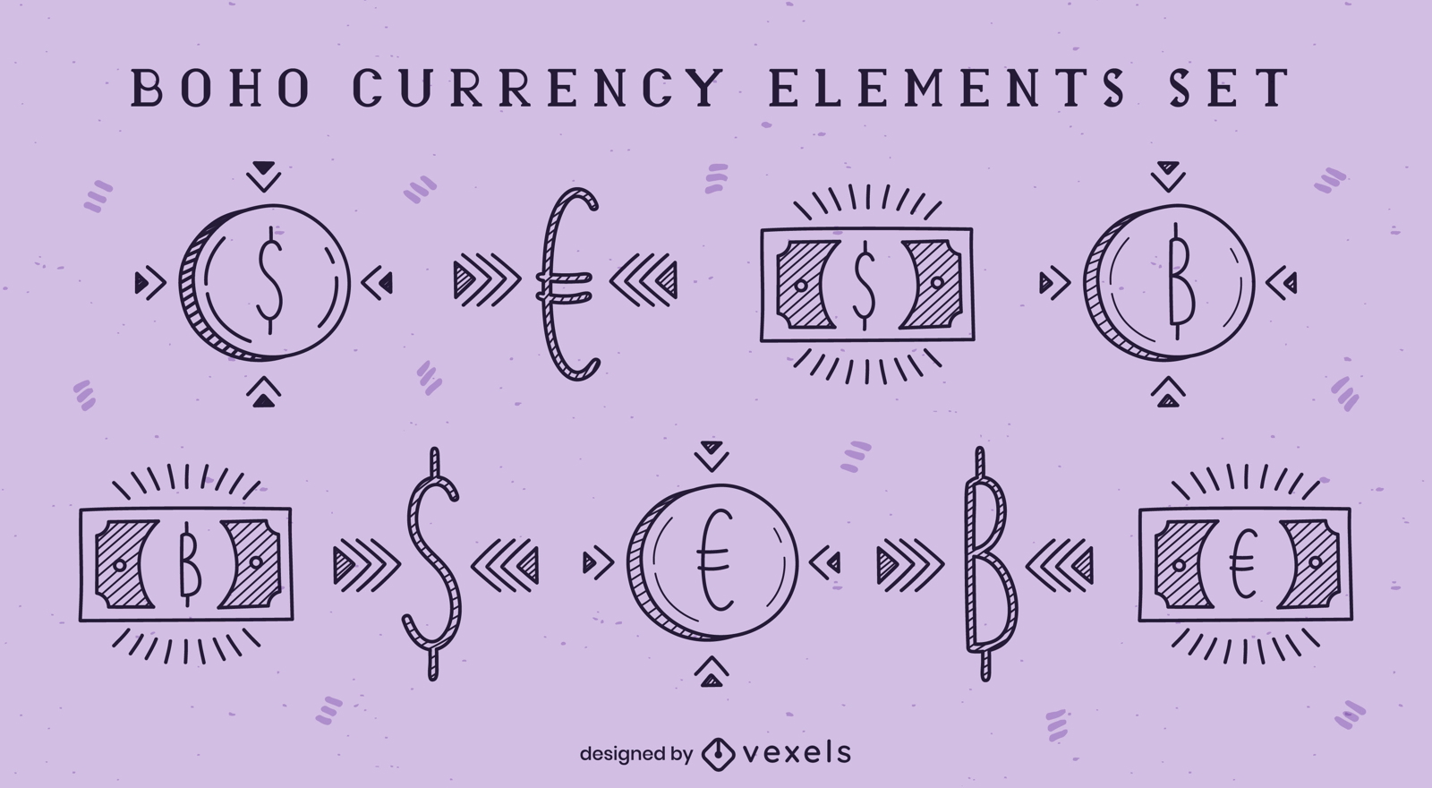 Elementos de moeda e dinheiro boho doodle