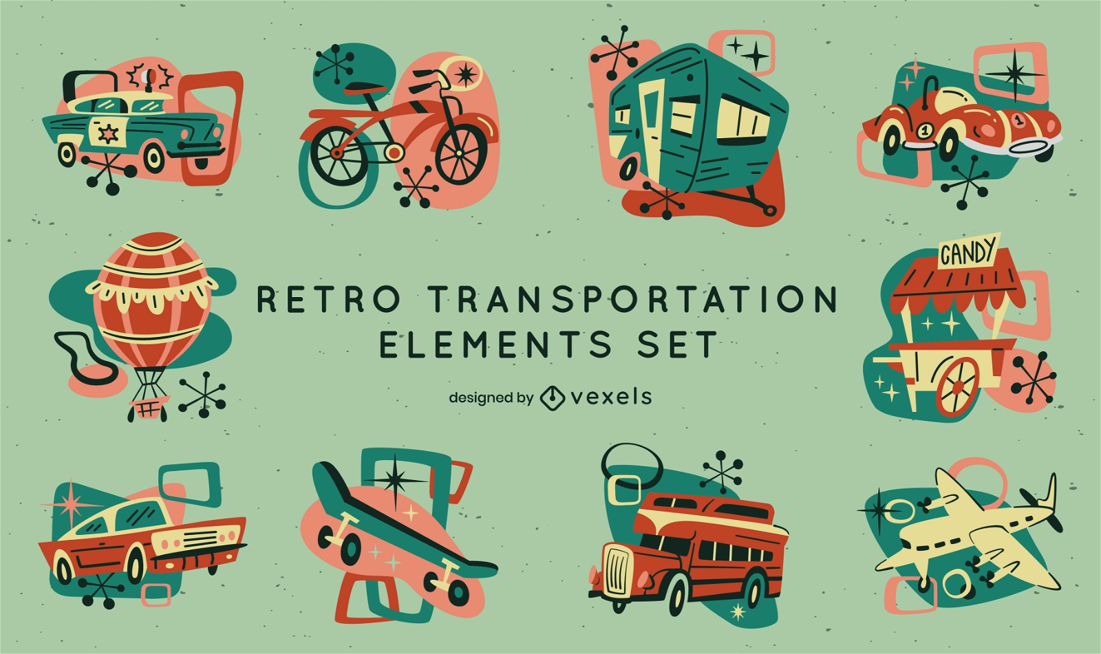 Retro cartoon transport and vehicles set
