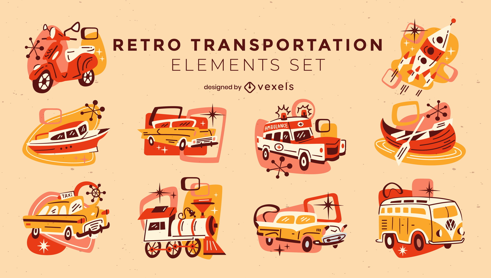 Vehículos de dibujos animados retro y sistema de transporte.