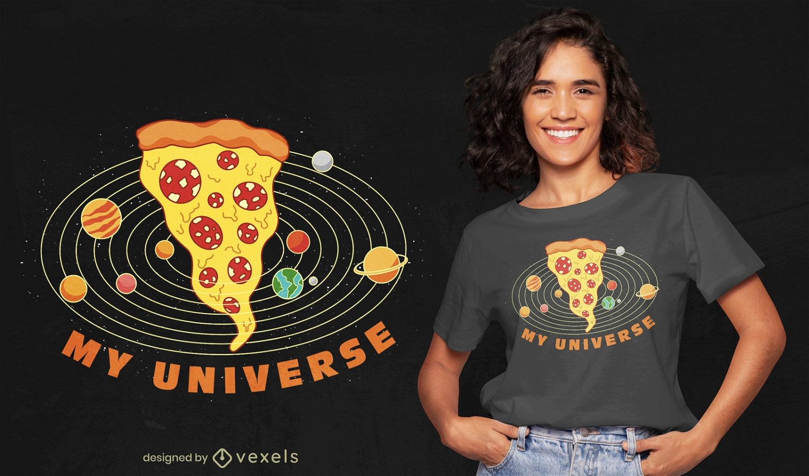 Design engra?ado de camisetas do universo pizza