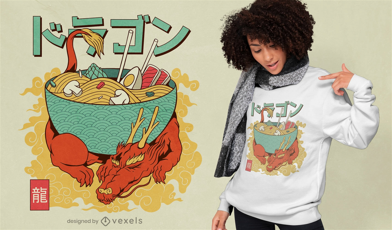 Diseño de camiseta japonesa dragon ramen.