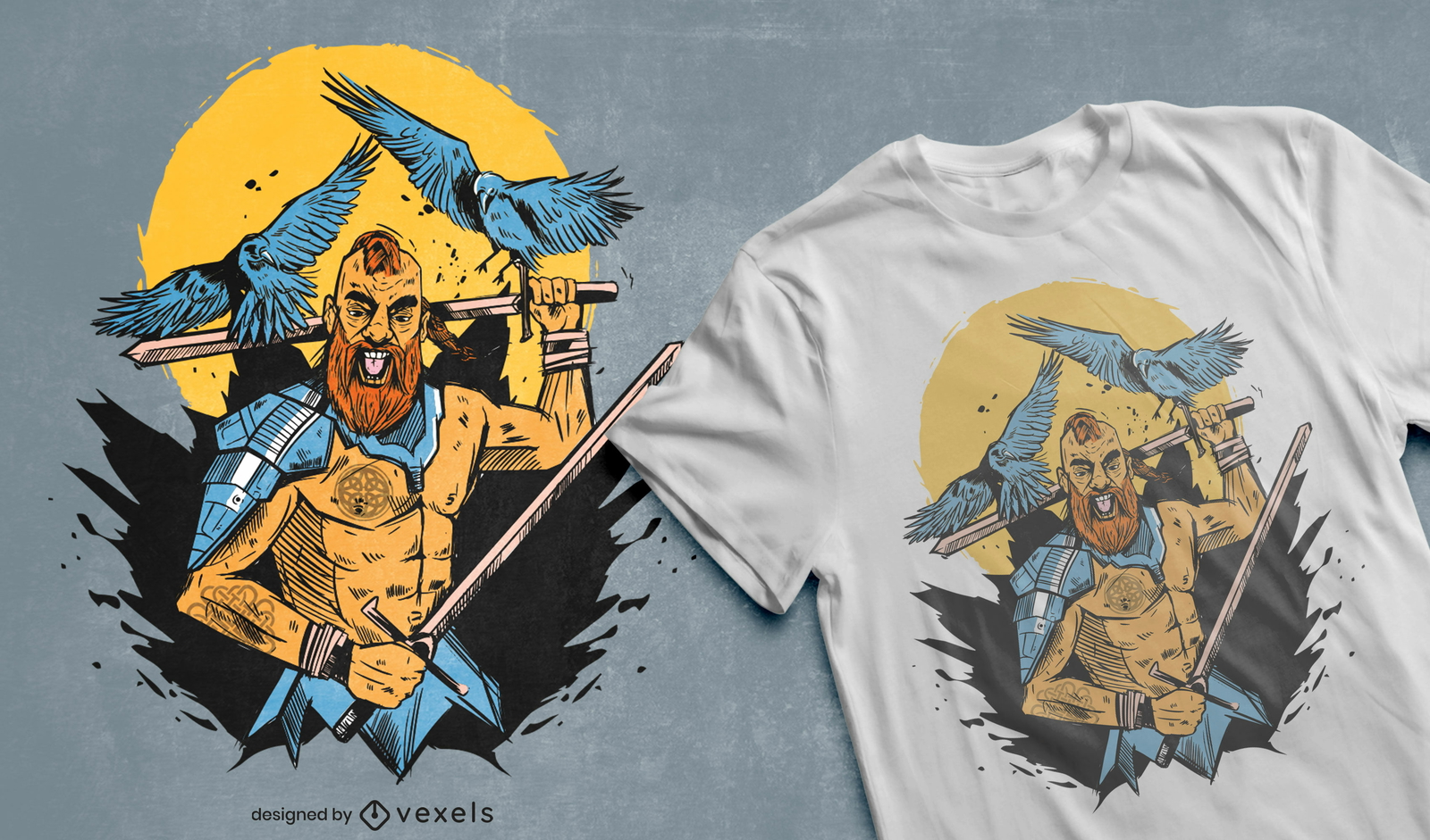 Diseño de camiseta de guerrero vikingo y espadas.