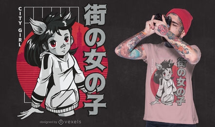 Japanese wolf anime girl t-shirt design