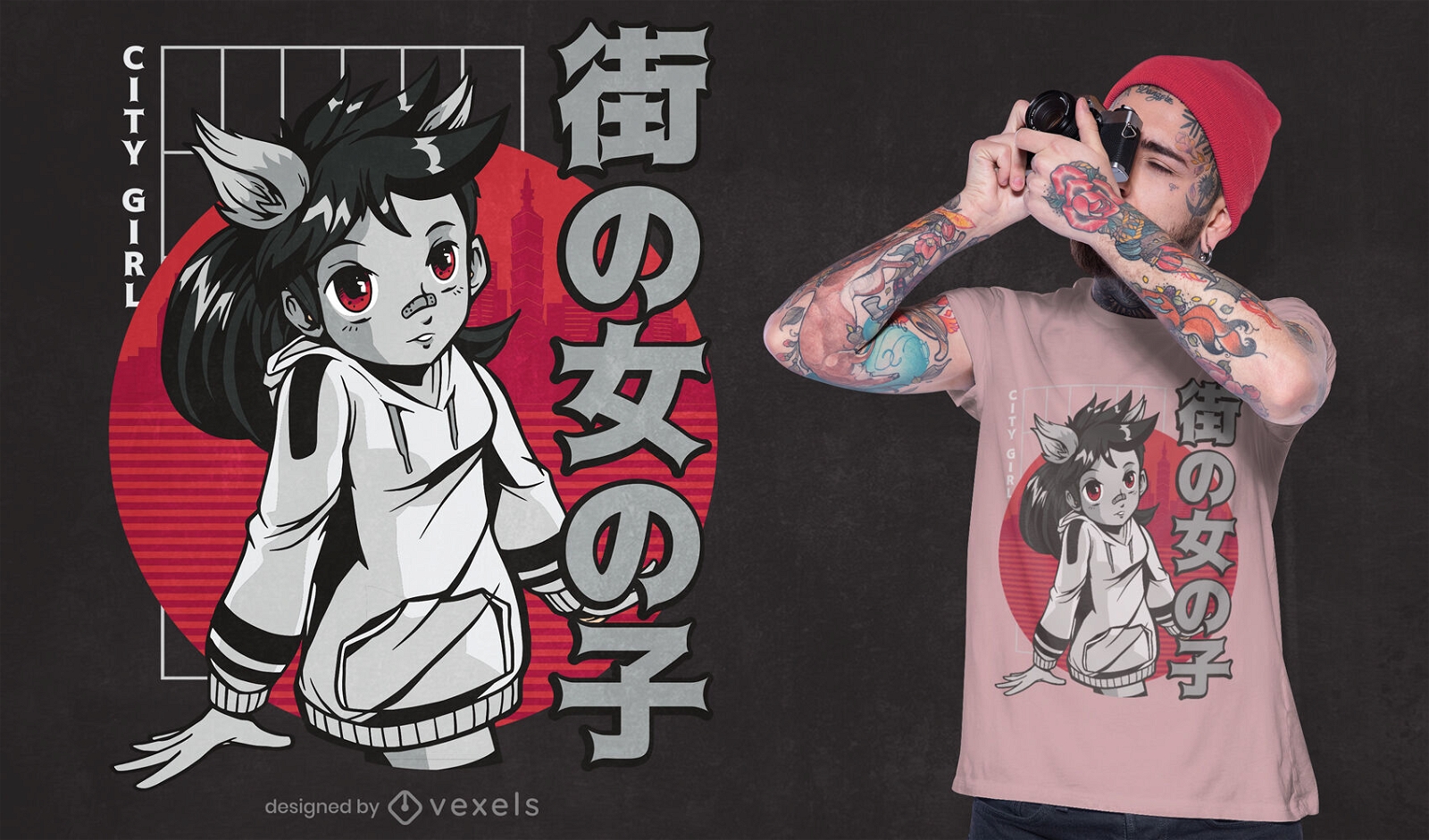 Japanischer Wolf Anime M?dchen T-Shirt Design