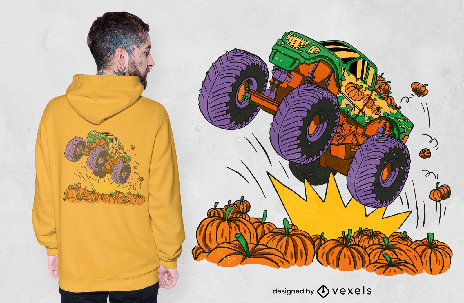 Diseño de camiseta de monster truck pumpkin field