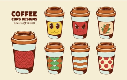 Conjunto de bebidas com designs de xícaras de café descartáveis