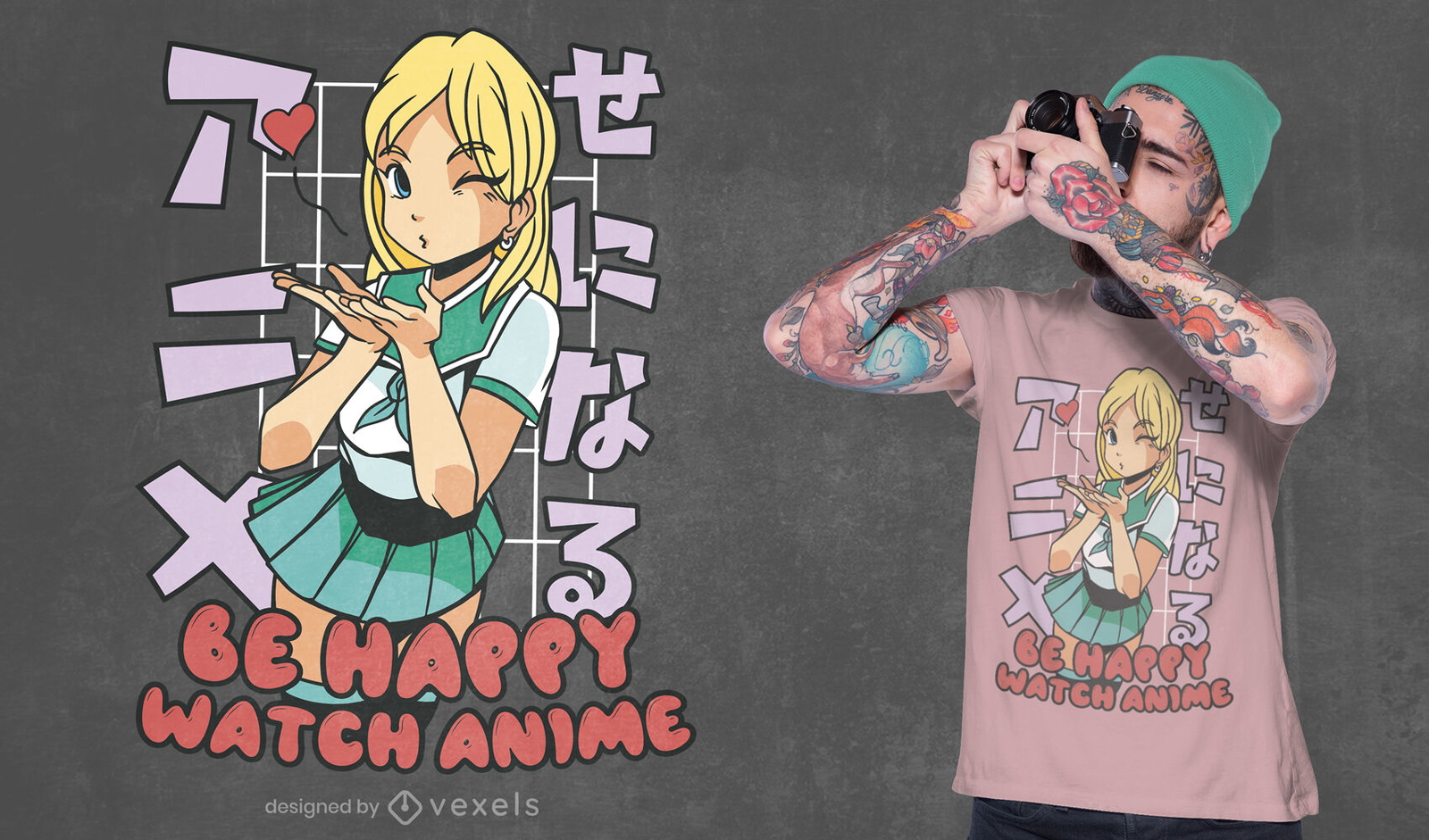 Diseño de camiseta de chica anime rubia guiñando un ojo