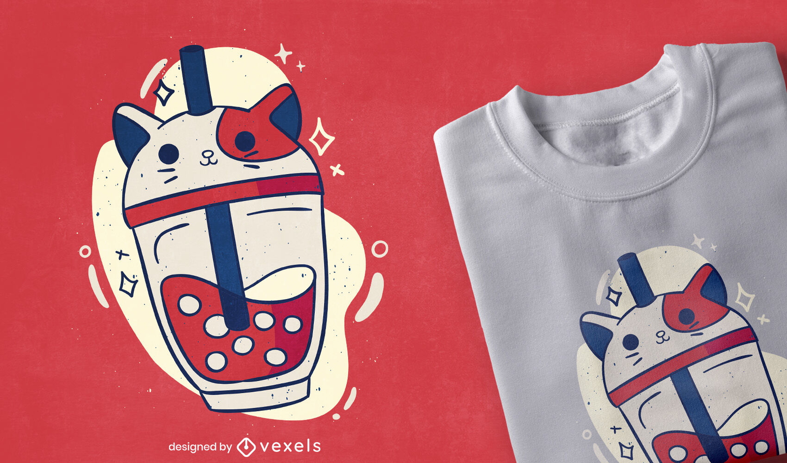 Diseño de camiseta de gato lindo con gorra de té de burbujas