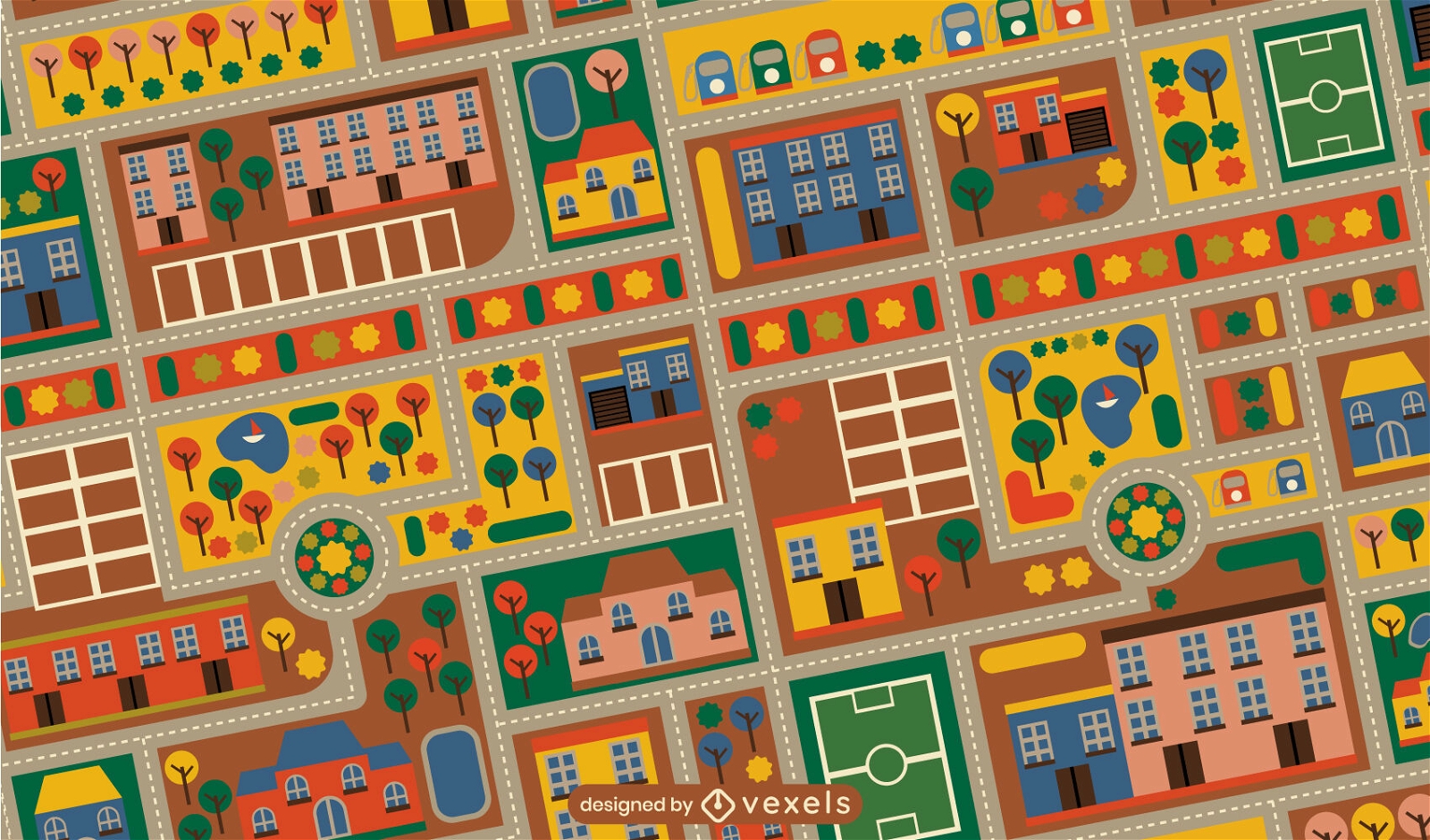 Design de padrão de tapete colorido para crianças na cidade