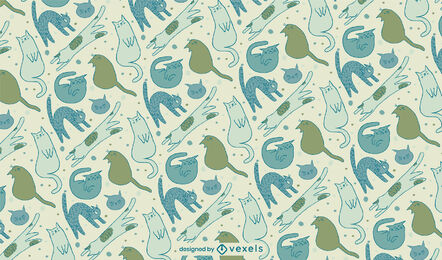Cats green and blue doodle pattern