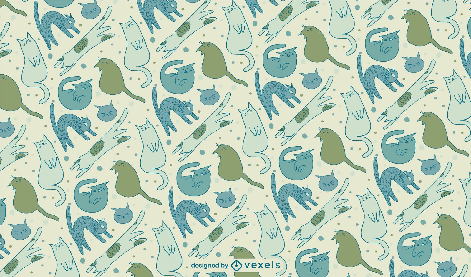 Cats green and blue doodle pattern