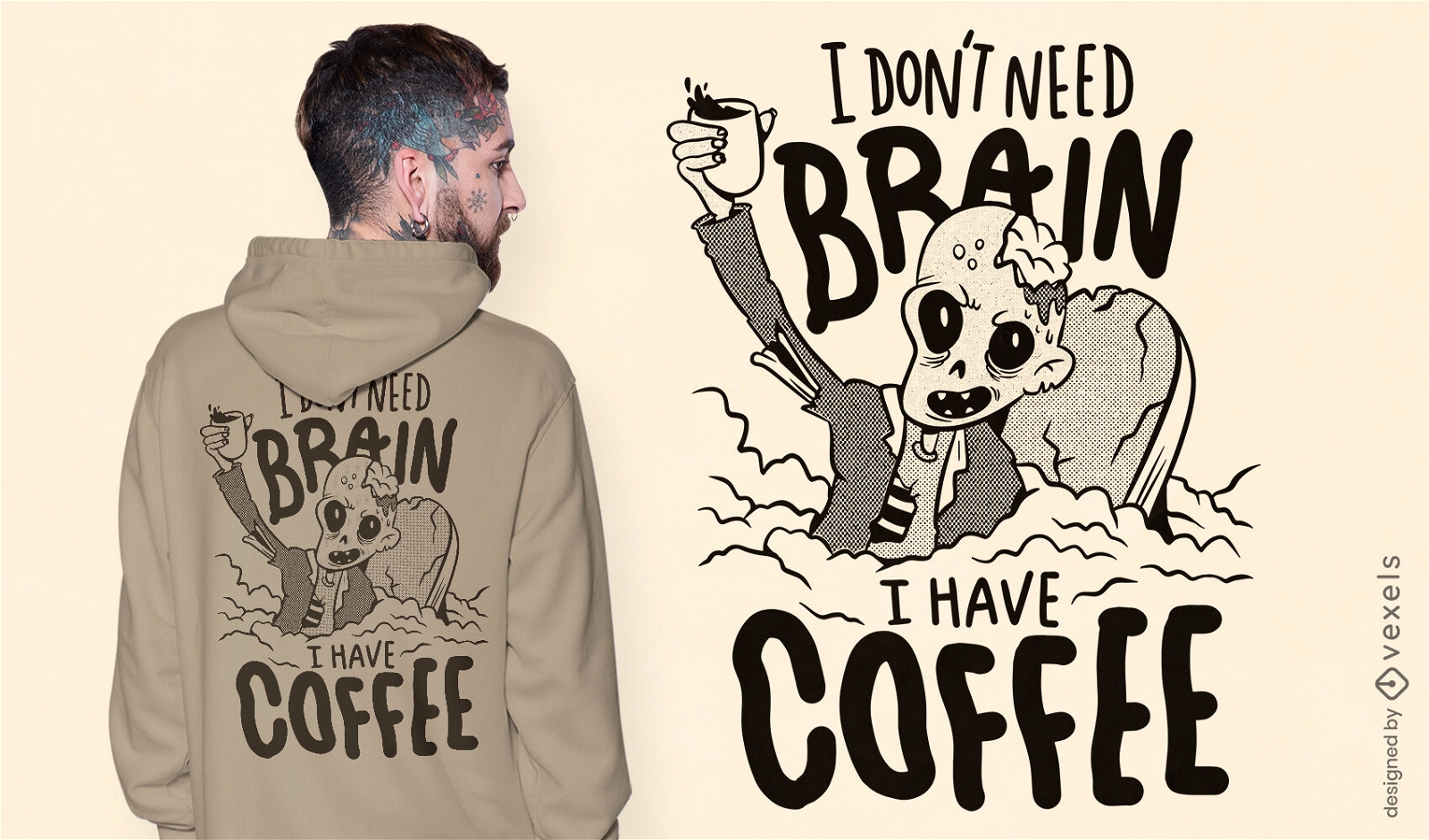 Zumbi sem c?rebro no design de uma camiseta de caf?