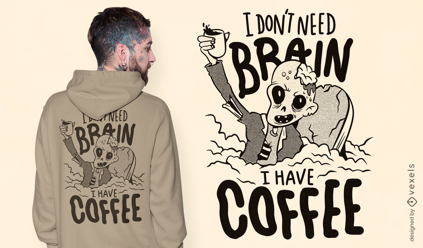 Zumbi sem cérebro no design de uma camiseta de café