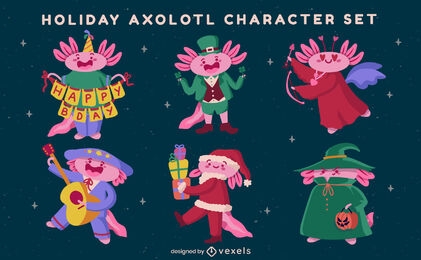 Conjunto de caracteres de animais axolotl de férias