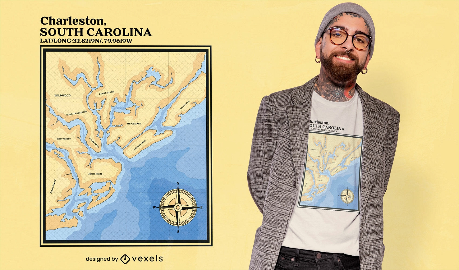 Design de camiseta com mapa n?utico de Charleston da Carolina do Sul
