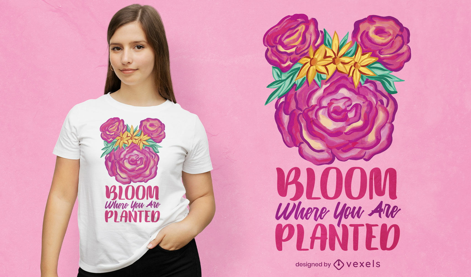 Projeto de camiseta com citação motivacional de flores desabrochando