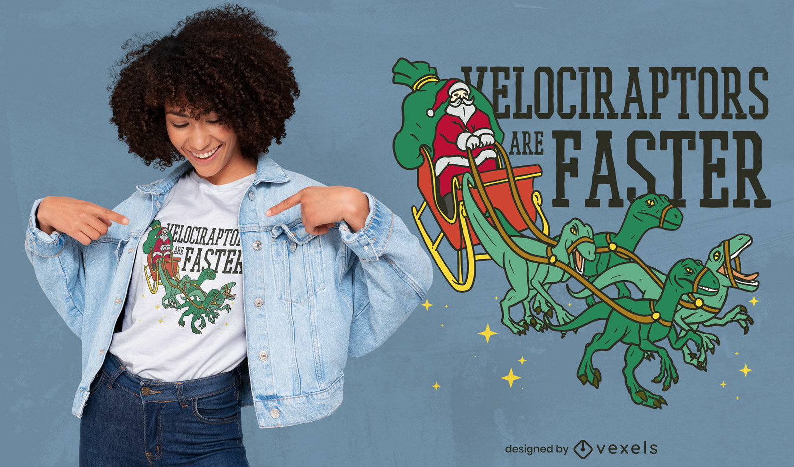 Trenó do Papai Noel com design de camiseta velociraptors