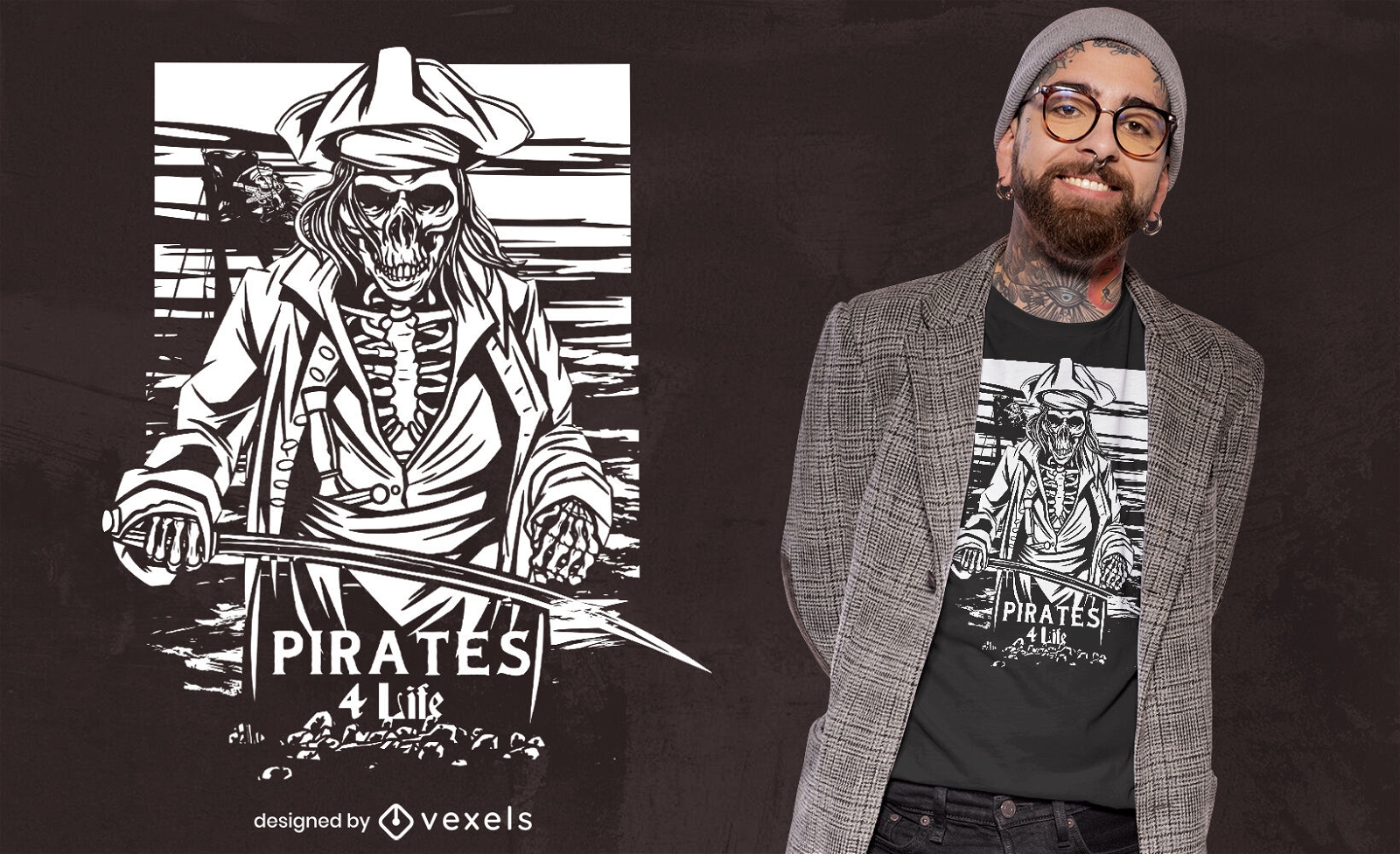 Design de camiseta com esqueleto de pirata