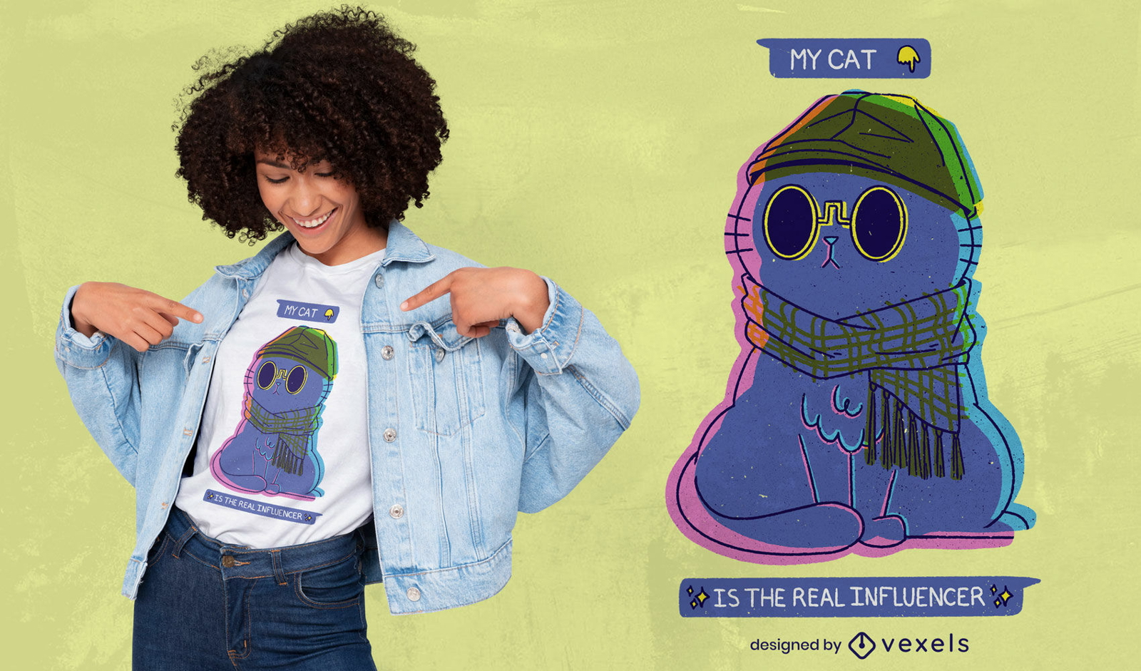 Influenciador desenho animado gato psd t-shirt design