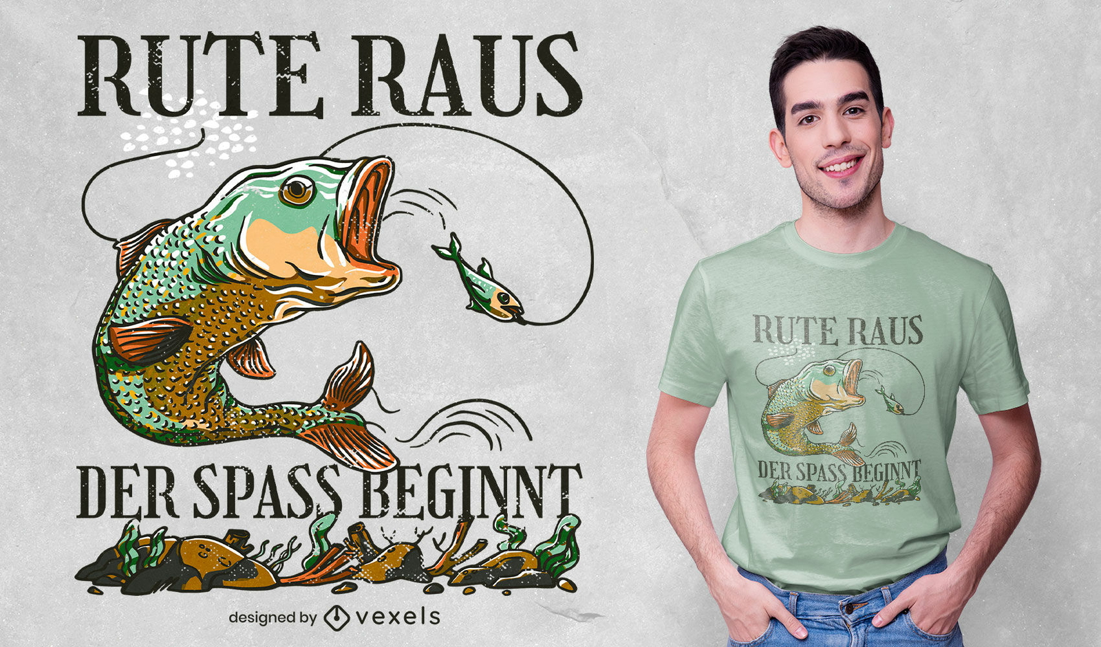 Desenho de t-shirt com ilustração de citação alemã de pesca