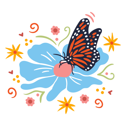 Mariposa colorida en una flor Diseño PNG