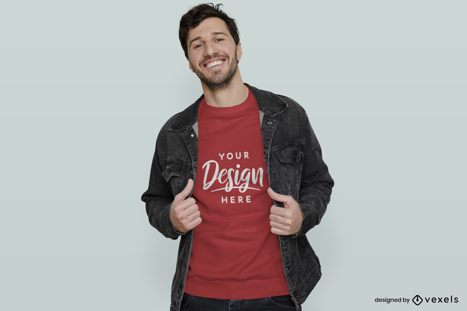 Man in red t-shirt and jacket mockup