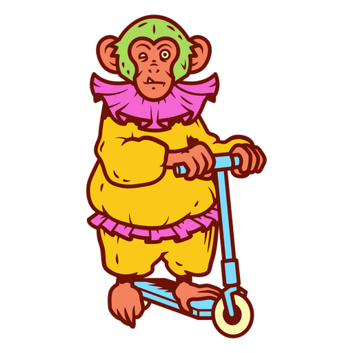Monkey in clown costume riding scooter PNG Design
