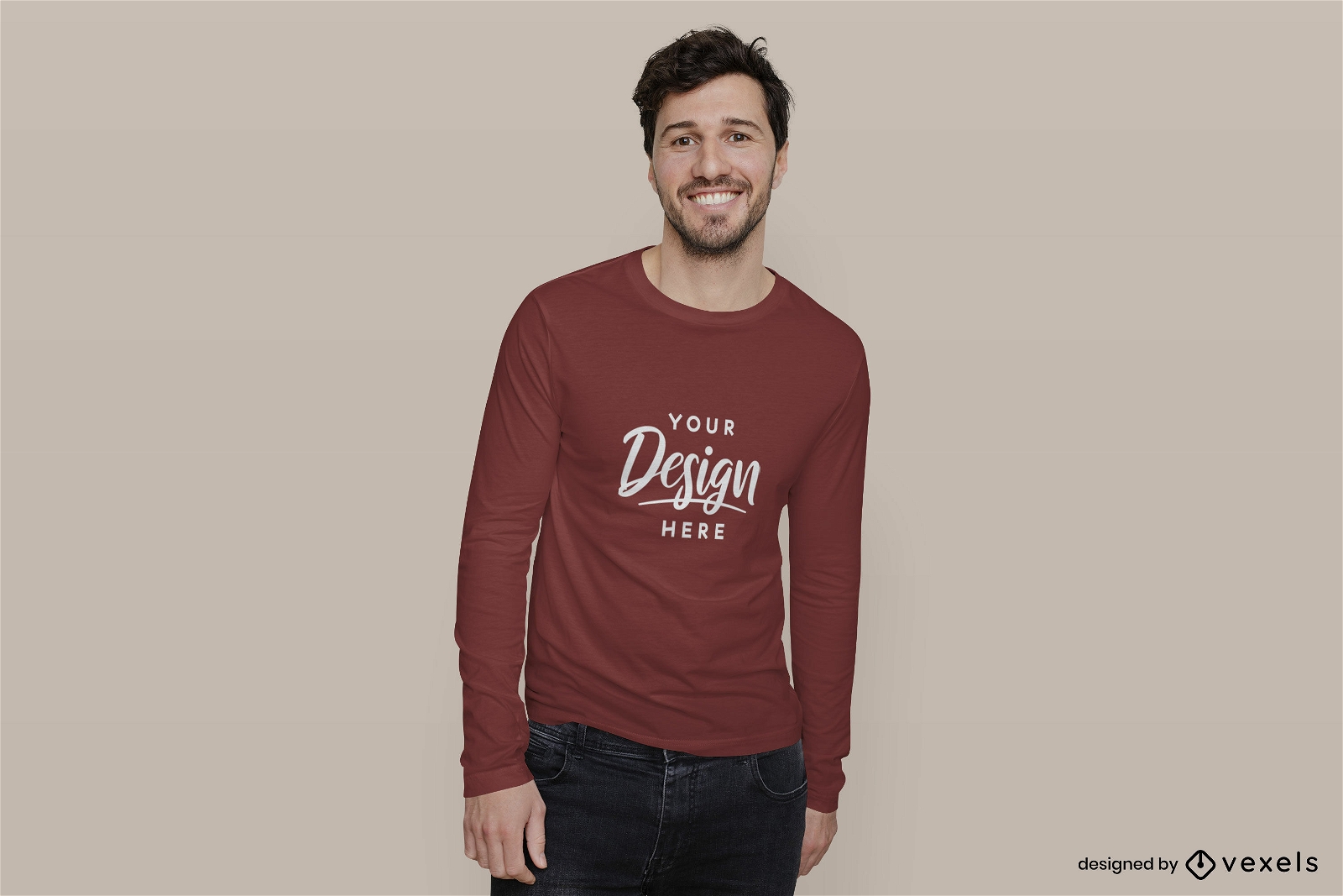 Man in red long sleeve t-shirt mockup