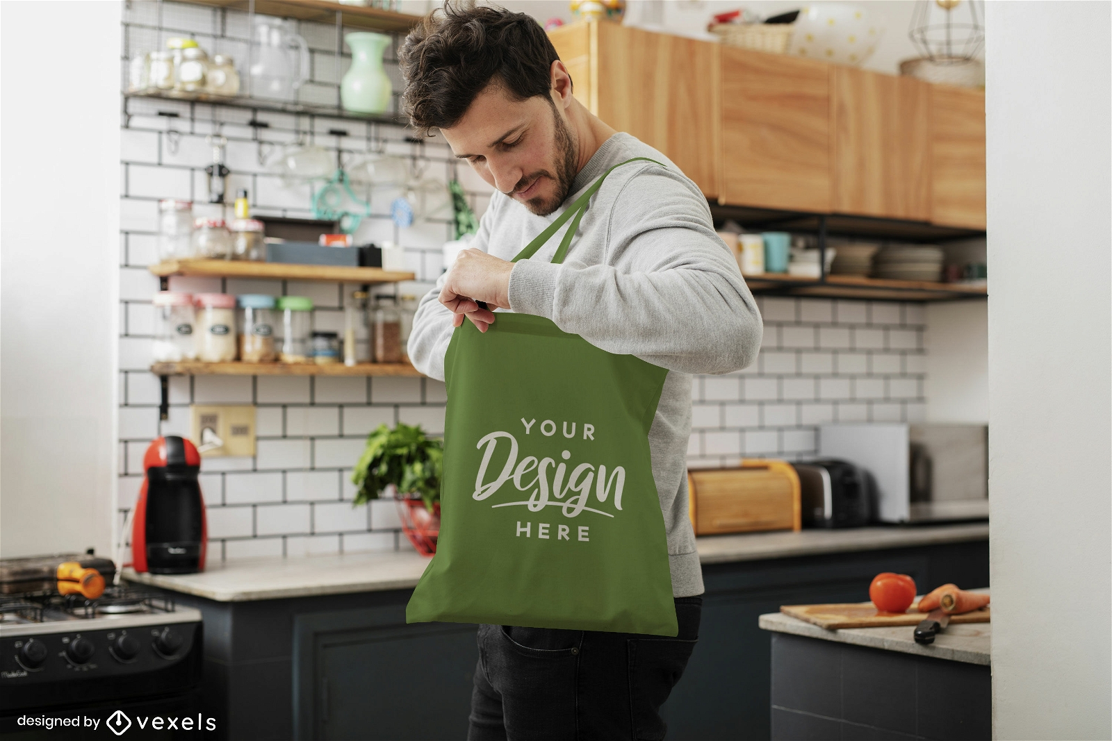 Man in kitchen green tote bag mockup