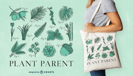 Diseño de bolso de mano de naturaleza de hojas y plantas.